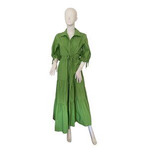 Green Tiered Maxi Shirt Dress with Tie Waist